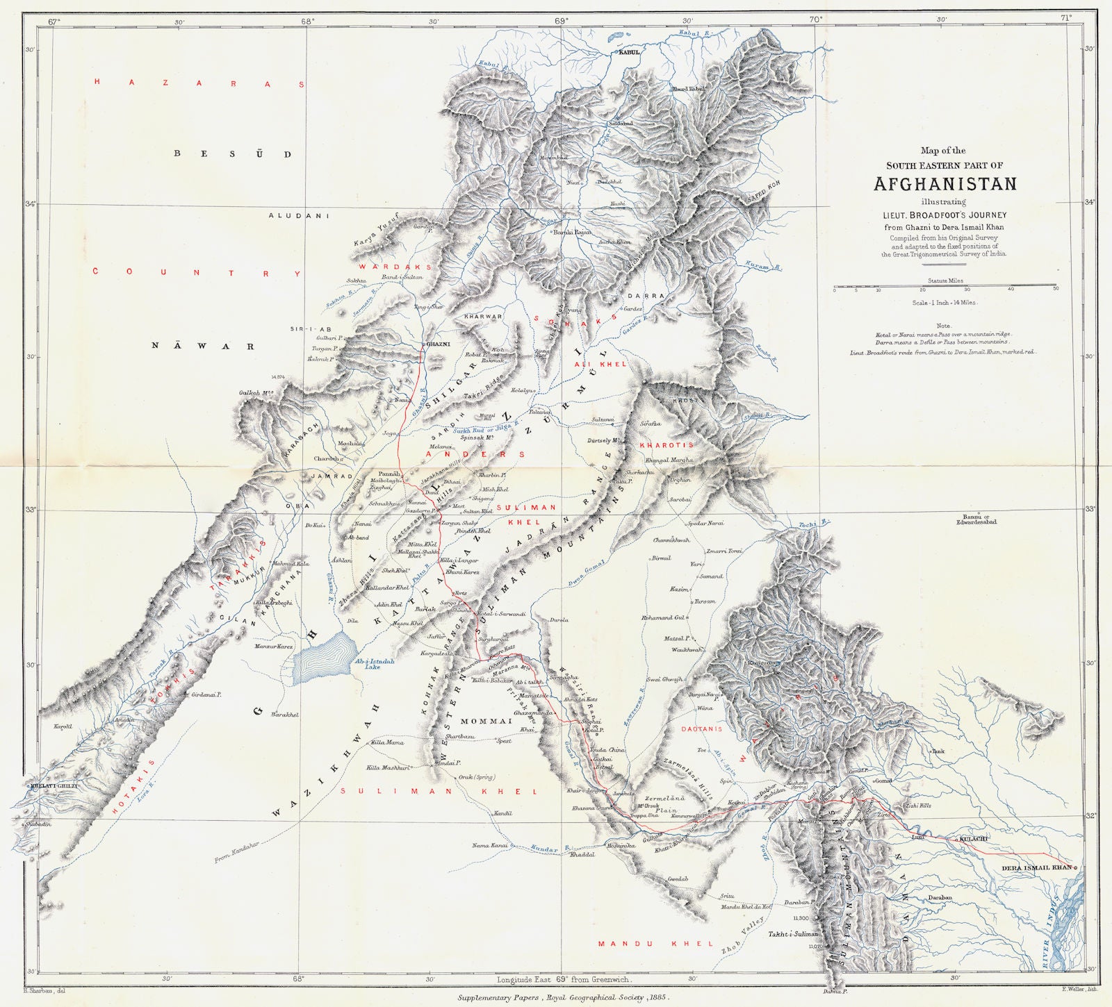 SE AFGHANISTAN/NW FRONTIER.Kabul Paktia Khost Waziristan.Broadfoot.RGS 1885 map